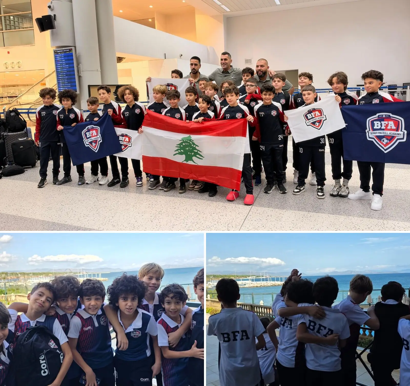 BFA players leaving Beirut airport with the Lebanese flag, and in Athens by the sea