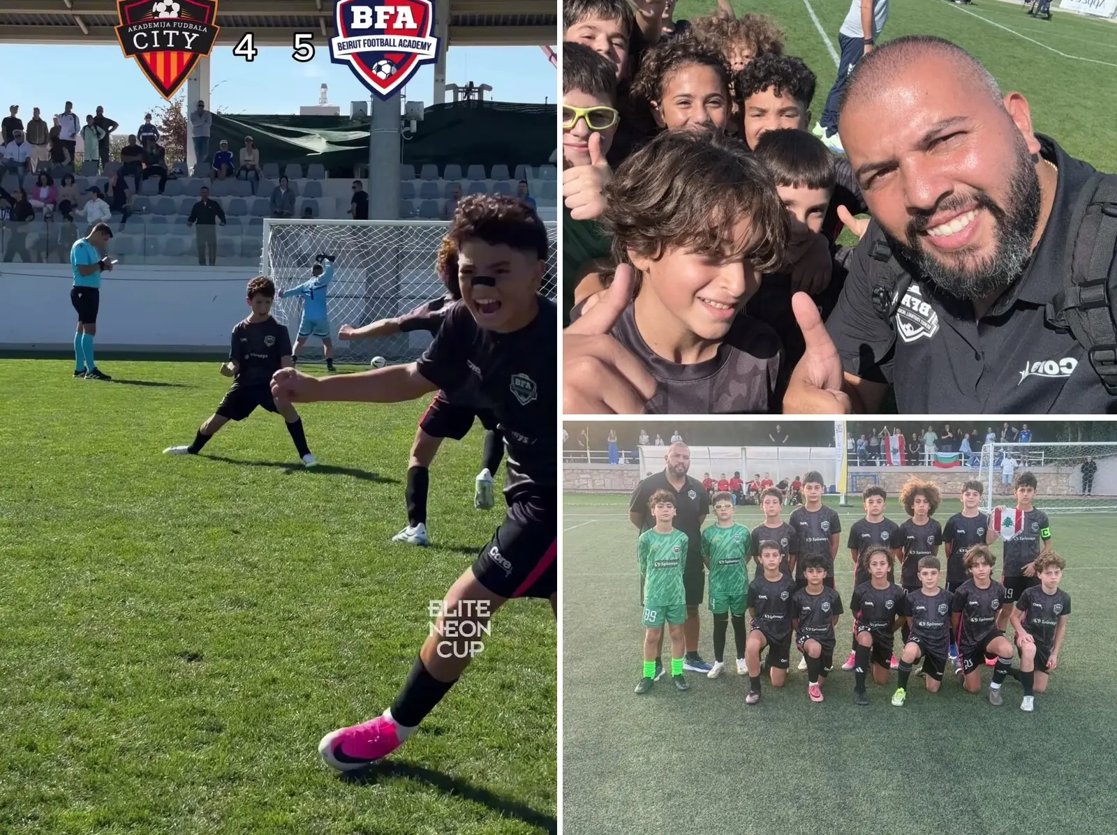 BFA U12 boys celebrating their penalty shootout win at the Elite Neon Cup 2026 in Athens