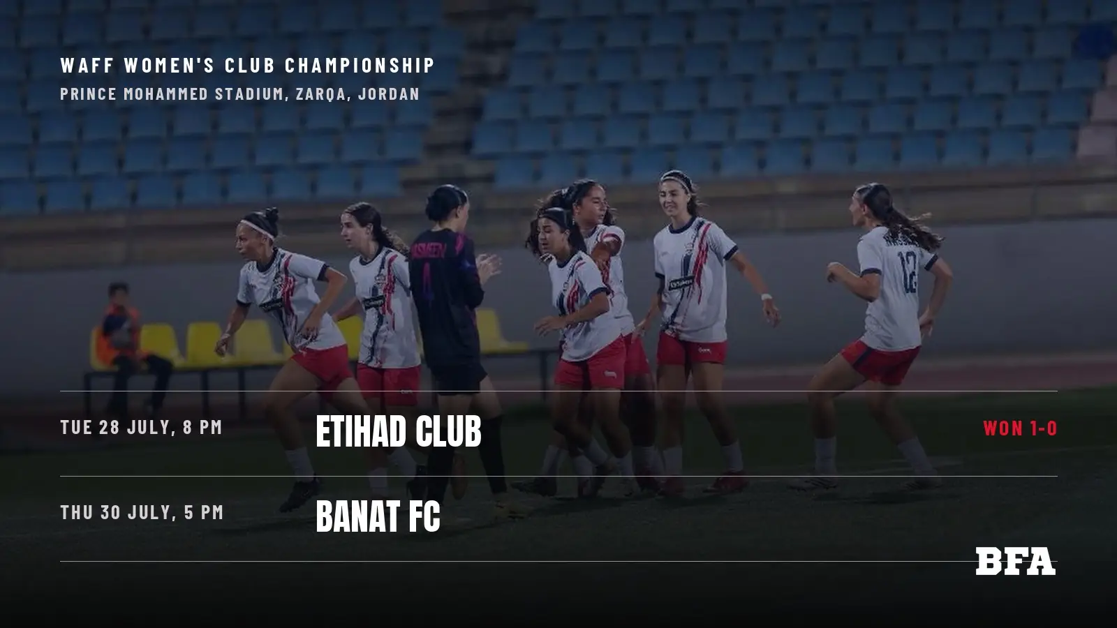 BFA players celebrate during the WAFF Womens Club Championship in Zarqa, Jordan