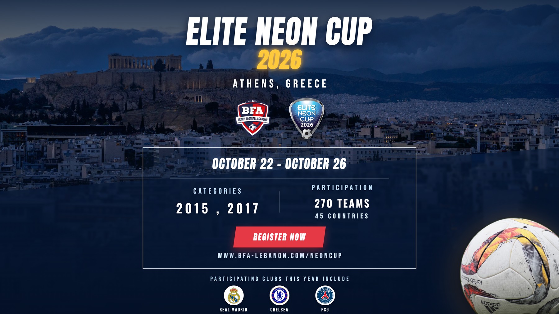 Elite Neon Cup 2026, Athens, Greece - BFA travel tournament, 22 to 26 October 2026